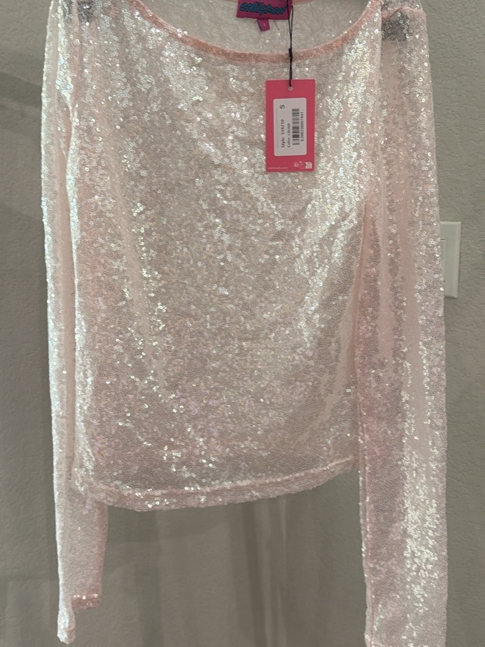 Edikted Light Pink Sequin Long-Sleeve Scoop Neck Top